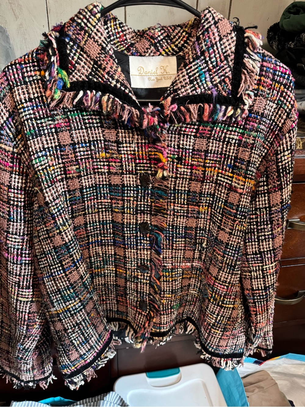 Daniel K Pink Multi-Color Tweed Fringe Jacket with Black Trim